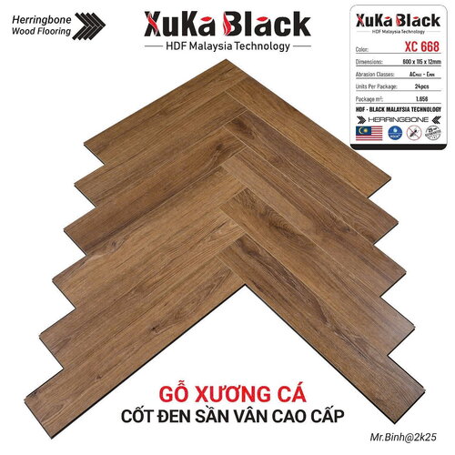 Sàn gỗ Xuka Black xương cá vân sần XC663