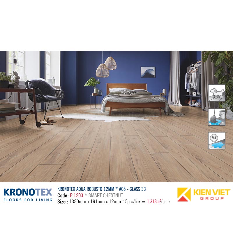 Sàn gỗ Kronotex Aqua Robusto P1203 Smart Chestnut - 12mm