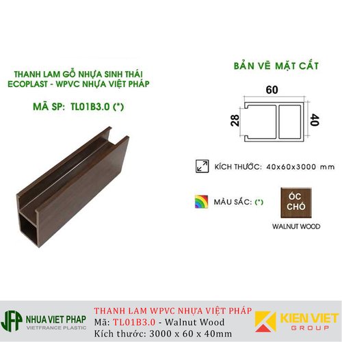 Thanh lam WPVC Việt pháp TL01B3.0 | Walnut 40x60mm