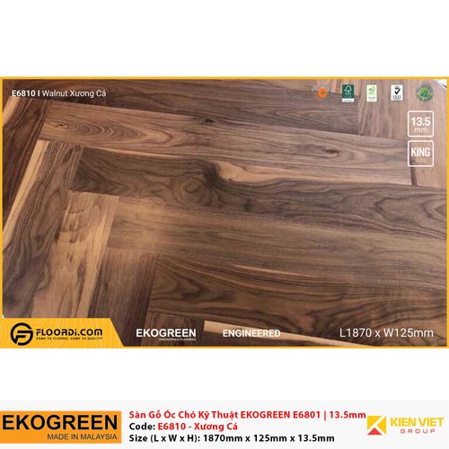 Sàn gỗ Óc Chó xương cá kỹ thuật Ekogreen E6810 | 13.5mm